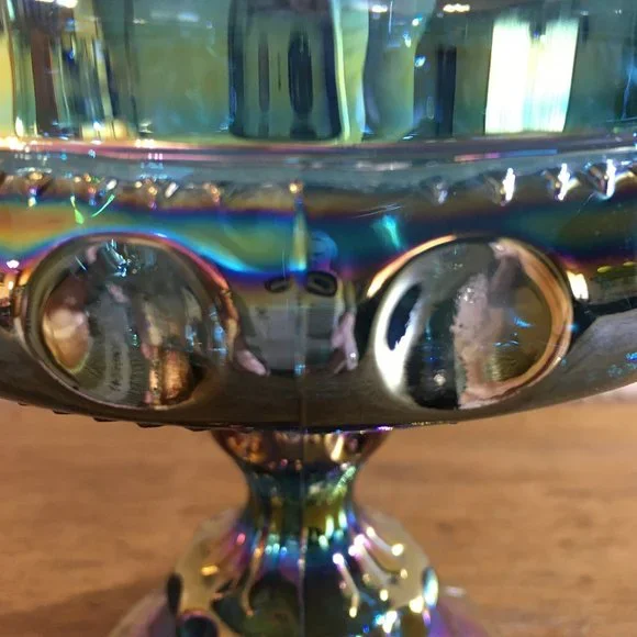 Kings Crown Blue Iridescent Carnival Glass Pedestal Candy Dish - Picture 10 of 10